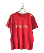 BALMAINバルマン）の古着「ショルダーメタルボタンロゴTシャツ」｜レッド