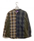 THE NORTHFACE PURPLELABELザ・ノースフェイス パープルレーベル）の古着「Plaid Patchwork Shirt NT3000N パッチワークバンドカラーシャツ」｜ネイビー×カーキ