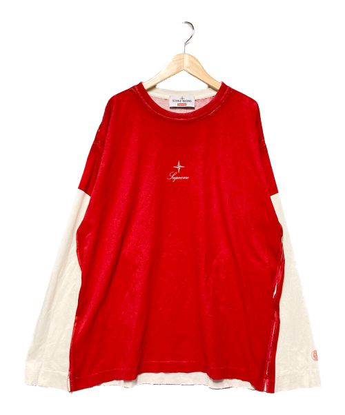 SUPREME（シュプリーム）SUPREME (シュプリーム) STONE ISLAND (ストーンアイランド) 23AW L/S Top / ロングスリーブカットソー レッド×ホワイト サイズ:Lの古着・服飾アイテム