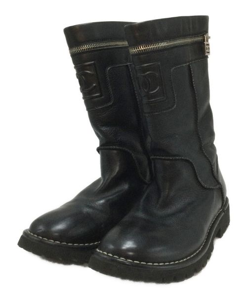 CHANEL（シャネル）CHANEL (シャネル) Black Lether Motorcycle Boots ブラック サイズ:37の古着・服飾アイテム