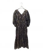 ne quittez pasヌキテパ）の古着「Cotton Voile Foil Flower Print Volume Sleeve Dress」｜ネイビー