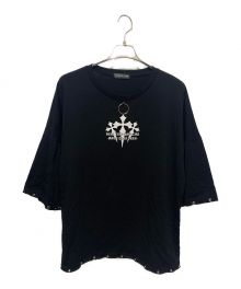 REFLEM（レフレム）の古着「チェーン付きPUメタリックレザーアップリケ半袖Tシャツ」｜ブラック