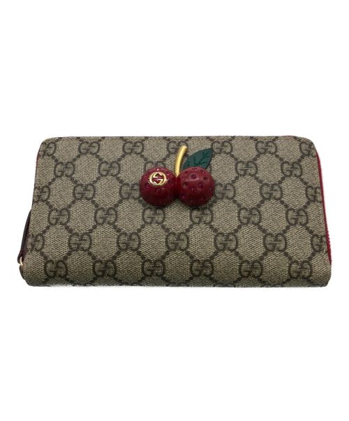 GUCCI（グッチ）GUCCI (グッチ) チェリーラウンドジップロングウォレット レッド×ブラウンの古着・服飾アイテム