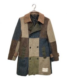 Harris Tweed×KMK（ハリスツイード×キングリーマスク）の古着「パッチワーク調Pコート」｜ネイビー×ブラウン