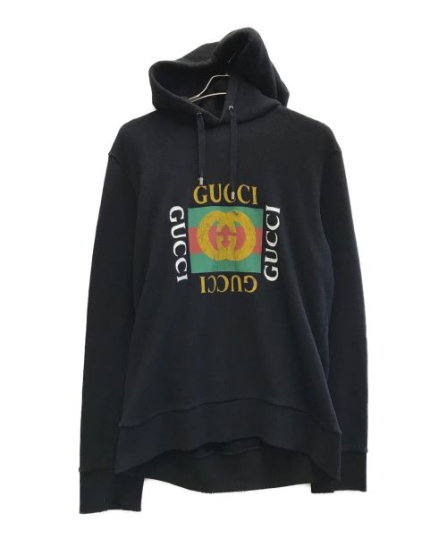 GUCCI（グッチ）GUCCI (グッチ) ヴィンテージ加工オールドロゴプリントスウェットパーカー ブラック サイズ:Mの古着・服飾アイテム