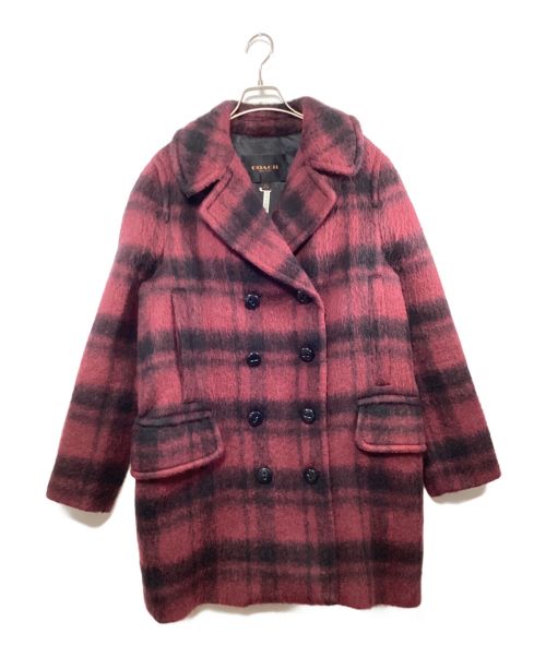 COACH（コーチ）COACH (コーチ) PLAID LONG PEACOAT ピンク×ブラック サイズ:Lの古着・服飾アイテム