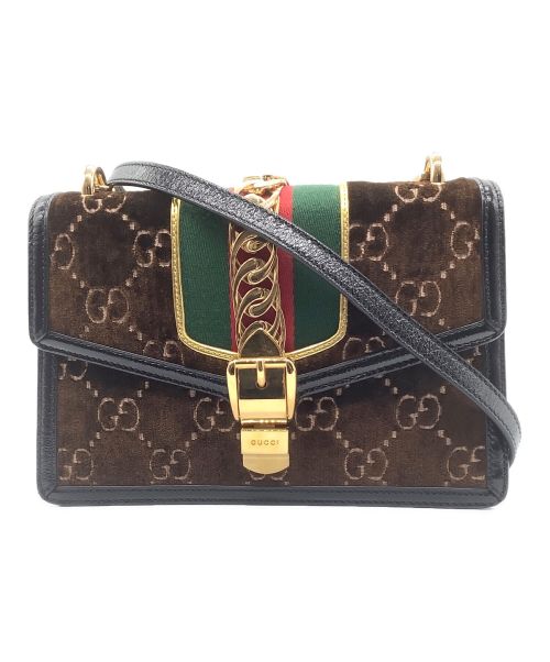 GUCCI（グッチ）GUCCI (グッチ) グッチ GGベルベット シルヴィ ショルダーバッグ ブラウン×ブラックの古着・服飾アイテム