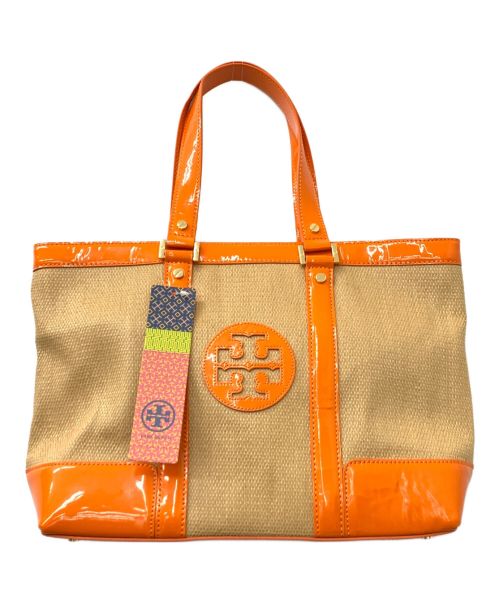 TORY BURCH（トリーバーチ）TORY BURCH (トリーバーチ) SMALL STRAW SADDLE JANE TOTE ベージュ×オレンジの古着・服飾アイテム