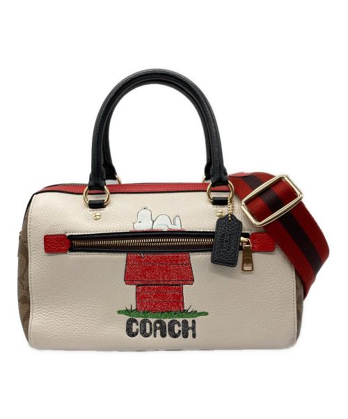 COACH（コーチ）COACH (コーチ) PEANUTS (ピーナッツ) スヌーピー ハンドバッグ ブラウン×レッド×アイボリーの古着・服飾アイテム