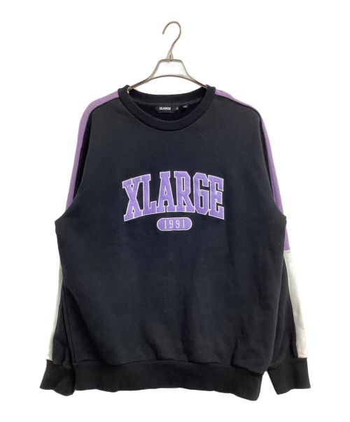 X-LARGE（エクストララージ）X-LARGE (エクストララージ) PANELED CREWNECK SWEAT ブラック×パープル サイズ:XLの古着・服飾アイテム