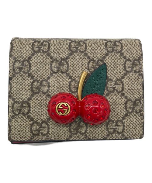 GUCCI（グッチ）GUCCI (グッチ) チェリーキャンバスカードケース GGスプリーム ベージュ×レッドの古着・服飾アイテム