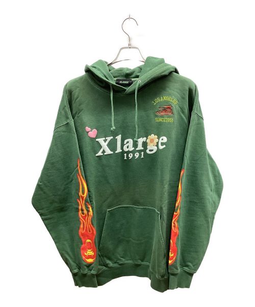 X-LARGE（エクストララージ）X-LARGE (エクストララージ) PIGMENT DYLED PUFF LOGO PULLOVER HOODED SWEAT グリーン サイズ:XLの古着・服飾アイテム