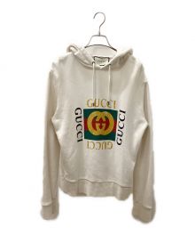 GUCCI（グッチ）の古着「18S/S ヴィンテージ加工オールドロゴプリントスウェットパーカー」｜ベージュ