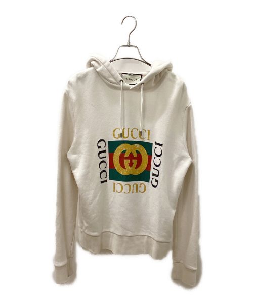 GUCCI（グッチ）GUCCI (グッチ) 18S/S ヴィンテージ加工オールドロゴプリントスウェットパーカー ベージュ サイズ:xsの古着・服飾アイテム