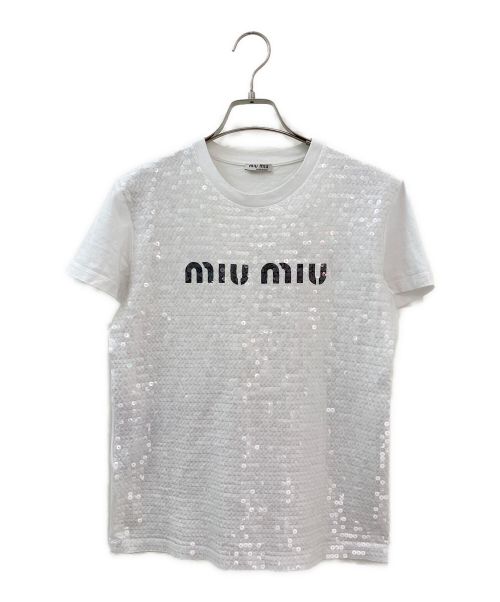 MIU MIU（ミュウミュウ）MIU MIU (ミュウミュウ) スパンコールロゴTシャツ ホワイト サイズ:XSの古着・服飾アイテム