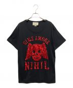 GUCCIグッチ）の古着「SINE A MORE NIHIL スパンコールTシャツ」｜ブラック×レッド