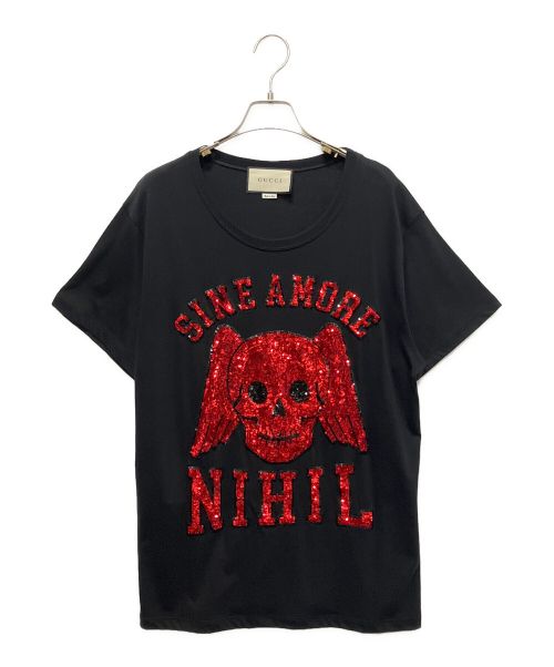 GUCCI（グッチ）GUCCI (グッチ) SINE A MORE NIHIL スパンコールTシャツ ブラック×レッド サイズ:Mの古着・服飾アイテム