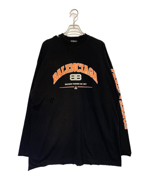 BALENCIAGA（バレンシアガ）BALENCIAGA (バレンシアガ) ロゴクラッシュ加工ロングスリーブTシャツ ブラック サイズ:Lの古着・服飾アイテム