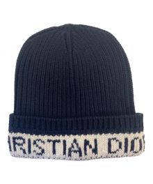 Christian Dior（クリスチャン ディオール）の古着「Christian Di Logo cashmere x wool knit cap knit capor （ロゴ カシミヤ×ウール ニット帽 ニットキャッップ）」｜ネイビー