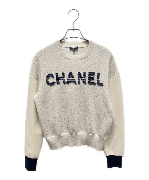 CHANEL（シャネル）CHANEL (シャネル) P62 カシミヤ ラメ加工 ロゴ ニットプルオーバー  ベージュ サイズ:34の古着・服飾アイテム