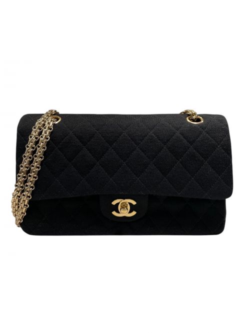 CHANEL（シャネル）CHANEL (シャネル) マトラッセ コットン ダブルフラップ ダブルチェーンバッグ ブラック×ゴールド金具 サイズ:25の古着・服飾アイテム