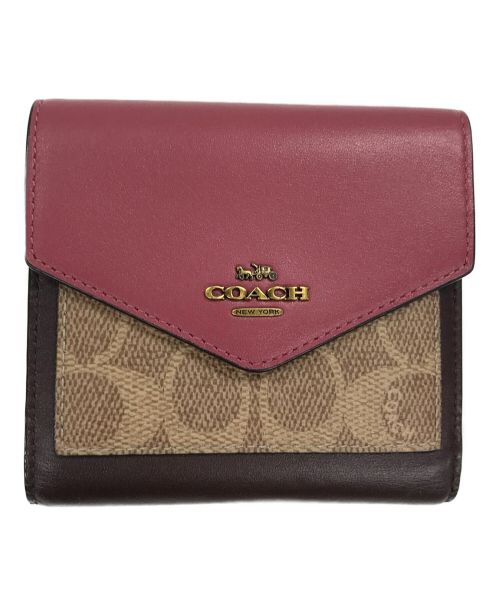 COACH（コーチ）COACH (コーチ) 3つ折り財布 ピンク×ブラウン サイズ:実寸サイズにてご確認ください。の古着・服飾アイテム