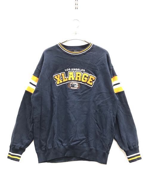 X-LARGE（エクストララージ）X-LARGE (エクストララージ) スウェット STRIPED SLEEVE TEAM LOGO CREWNECK SWEAT (ストライプスリーブチームロゴスウェット) ネイビー サイズ:Lの古着・服飾アイテム