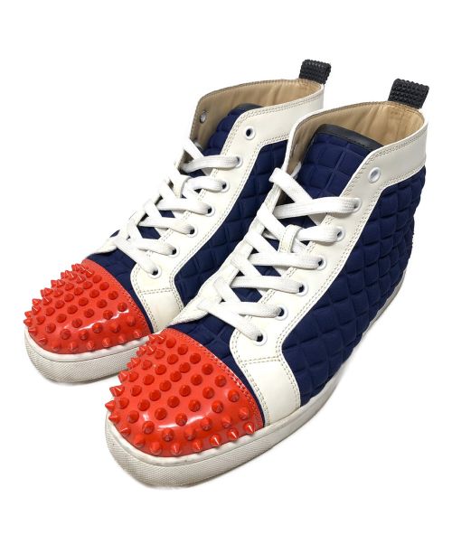 Christian Louboutin（クリスチャン・ルブタン）Christian Louboutin (クリスチャン・ルブタン) ハイカットスニーカー lou spikes flat pat ネイビー×オレンジ サイズ:42の古着・服飾アイテム