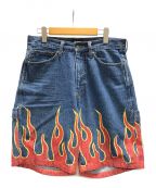 X-LARGEエクストララージ）の古着「デニムハーフパンツ　FLAME DENIM PAINTER SHORT（フレイム デニム ペインター ショート）」｜インディゴ