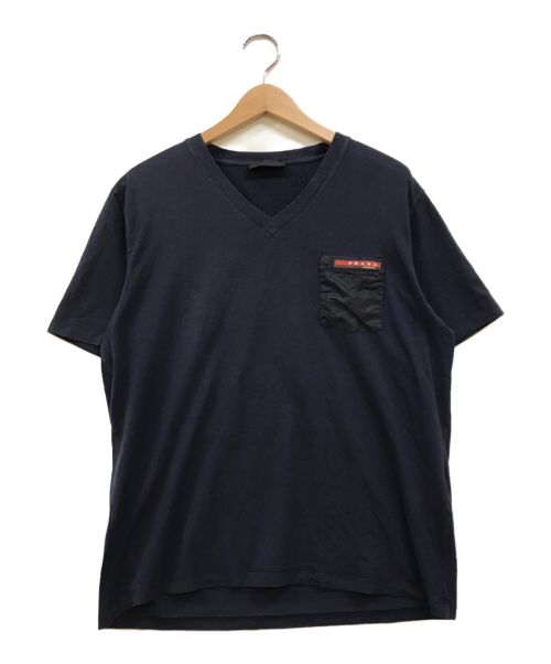 PRADA（プラダ）PRADA (プラダ) ナイロン切替VネックポケットTシャツ ネイビー サイズ:XLの古着・服飾アイテム