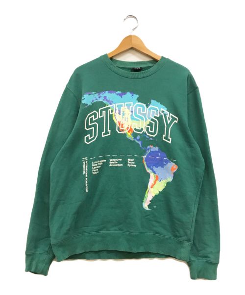 stussy（ステューシー）stussy (ステューシー) WORLD TOUR プリントスウェット グリーン サイズ:Mの古着・服飾アイテム