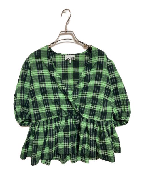 GANNI（ガニー）Ganni (ガニー) Seersucker Check Wrap Blouse グリーン サイズ:36（下記参照）の古着・服飾アイテム