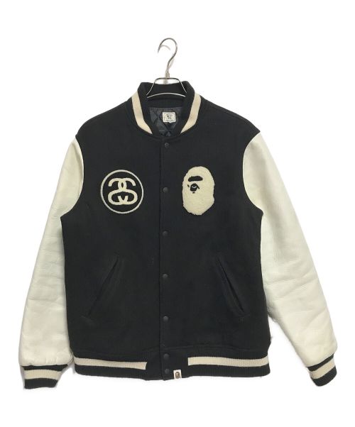 stussy（ステューシー）stussy (ステューシー) A BATHING APE (アベイシングエイプ) Fittest Varsity Jacket ブラック×ホワイト サイズ:XLの古着・服飾アイテム