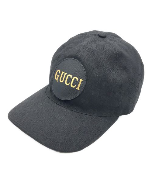 GUCCI（グッチ×パレス）GUCCI (グッチ) レザーワッペン GGキャンバス ベースボールキャップ ブラック サイズ:M(58cm)の古着・服飾アイテム