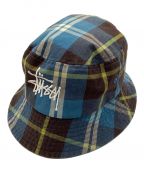 stussyステューシー）の古着「Big Logo Madras Bucket Hat」｜ブルー