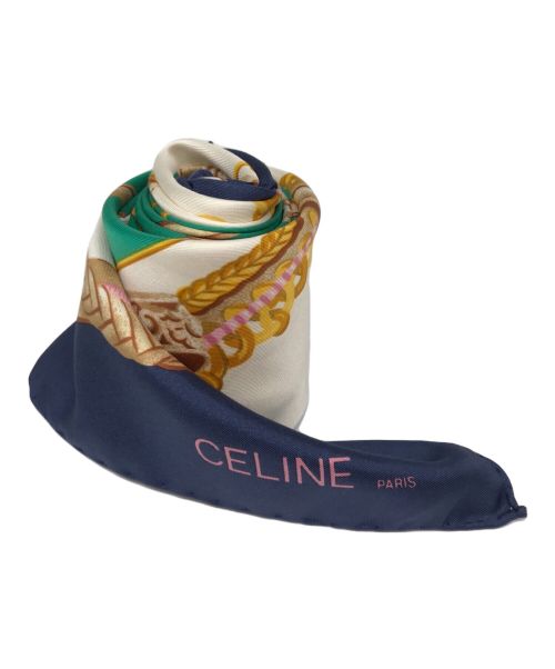 CELINE（セリーヌ）CELINE (セリーヌ) シルクスカーフ ホワイト×ネイビーの古着・服飾アイテム