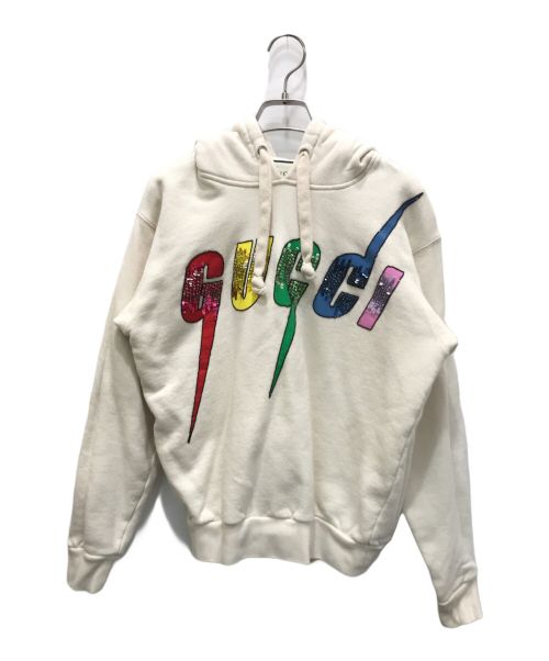 GUCCI（グッチ）GUCCI (グッチ) ブレードロゴ スパンコール フーディー ホワイト サイズ:XSの古着・服飾アイテム