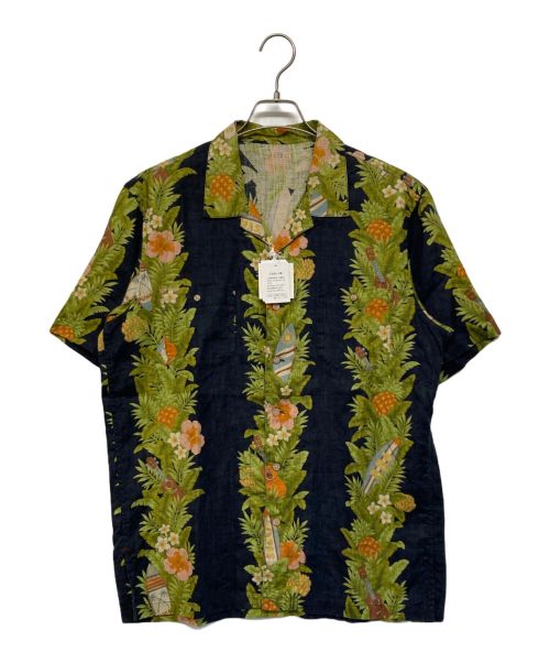 PAPAS（パパス）PAPAS (パパス) リネンプリントシャツ【TROPICAL STRIPES】 ブラック×グリーン サイズ:SIZE M 未使用品の古着・服飾アイテム