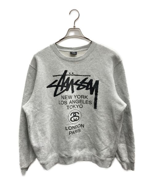 stussy（ステューシー）stussy (ステューシー) WORLD TOUR PIG DYED CREW グレー サイズ:Ｌの古着・服飾アイテム