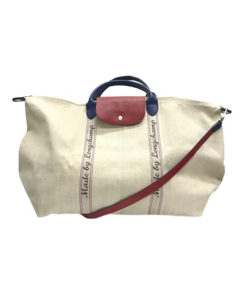 LONGCHAMP（ロンシャン）LONGCHAMP (ロンシャン) ルプリアージュ  キャンバス×レザー 2WAY トートバッグ アイボリー×レッド×ブルーの古着・服飾アイテム