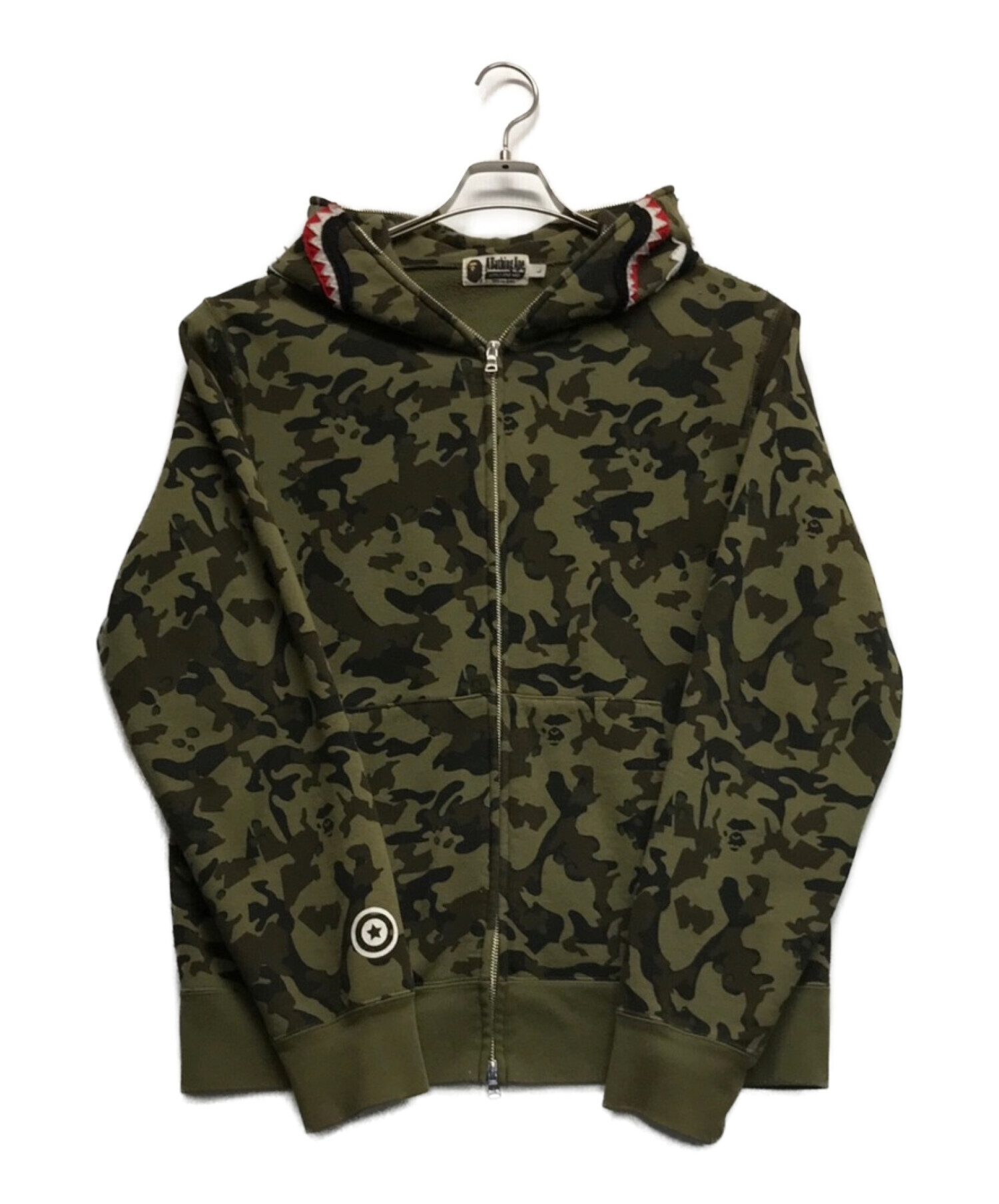 A BATHING APE (アベイシングエイプ) カモ柄シャークジップパーカー カーキ×ブラック サイズ:L