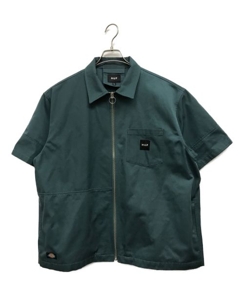 HUF（ハフ）HUF (ハフ) Dickies (ディッキーズ) 別注WORKER ZIP S/SL SHIRT ワーカージップ S/SL シャツ グリーン サイズ:Lの古着・服飾アイテム