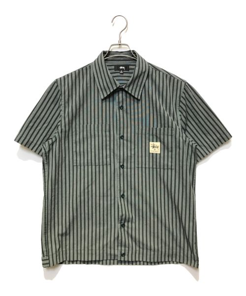 stussy（ステューシー）stussy (ステューシー) ストライプガレージシャツ グレー×グリーン サイズ:Mの古着・服飾アイテム