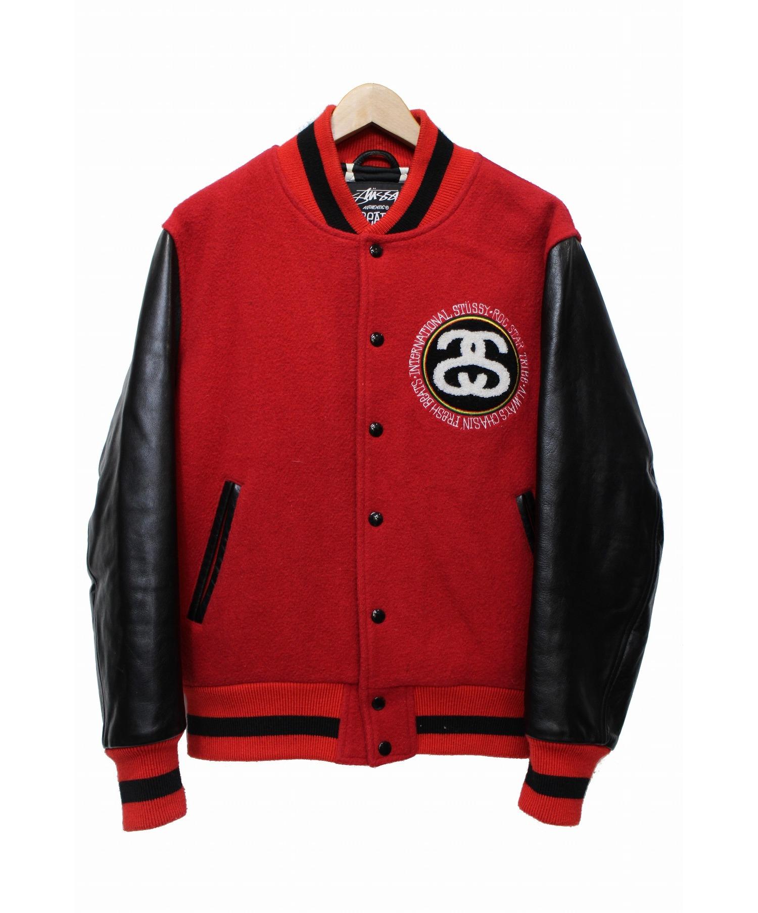 【中古・古着通販】stussy×Roc Star (ステューシー×ロックスター) Varsity Jacket レッド×ブラック サイズM