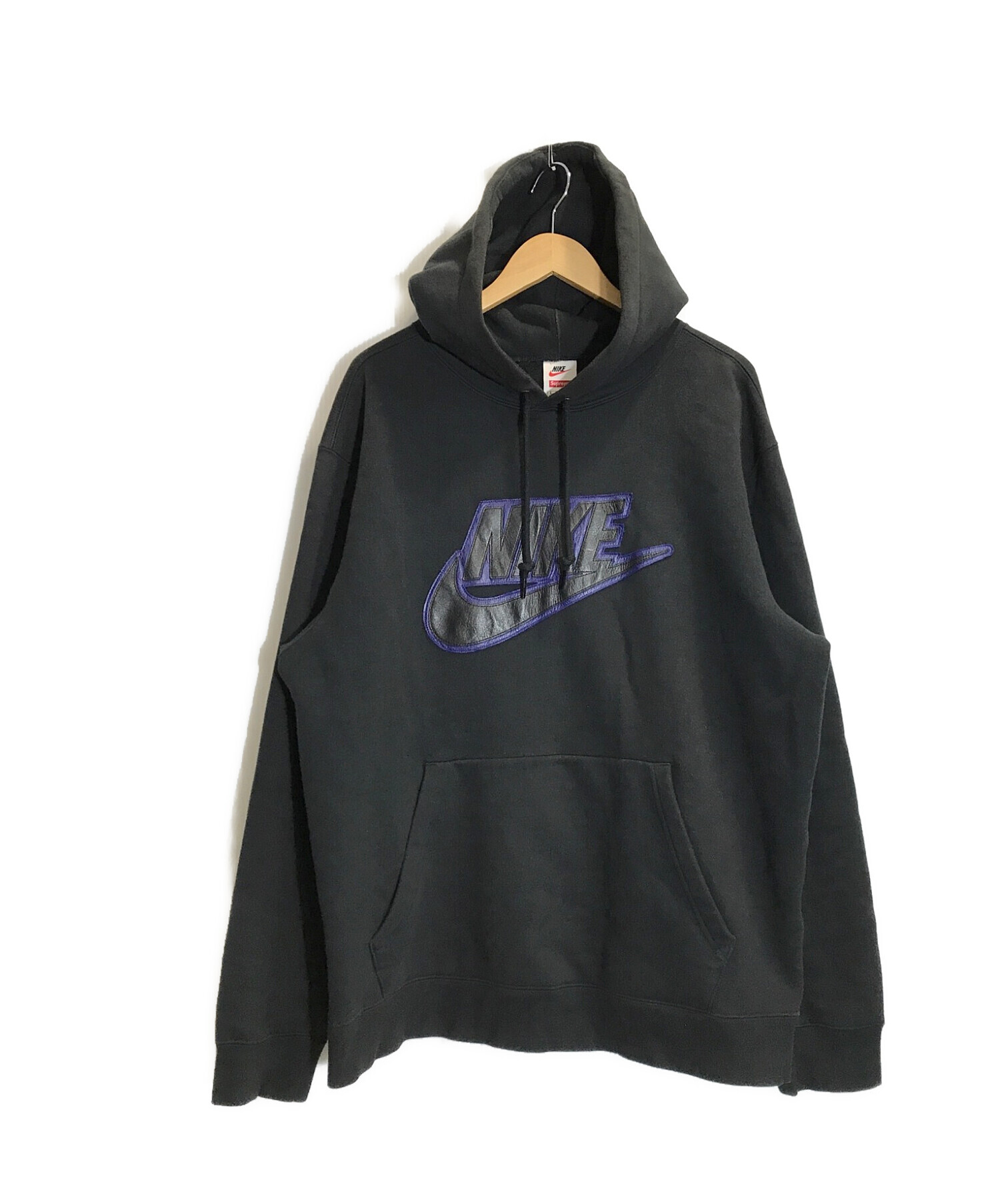 SUPREME×NIKE (シュプリーム×ナイキ) Leather Applique Hooded Sweatshir（レザー アップリケ  フーディッド スウェットシャツ ） ブラック サイズ:L