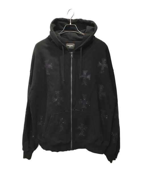 unknown（アンノーン）Unknown (アンノウン) Cross Rhinestone Zip Hoodie ブラック サイズ:XLの古着・服飾アイテム