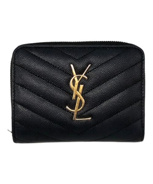 Yves Saint Laurent（イヴサンローラン）Yves Saint Laurent (イヴサンローラン) Vステッチ YSLロゴ レザー コンパクトウォレット. ブラックの古着・服飾アイテム