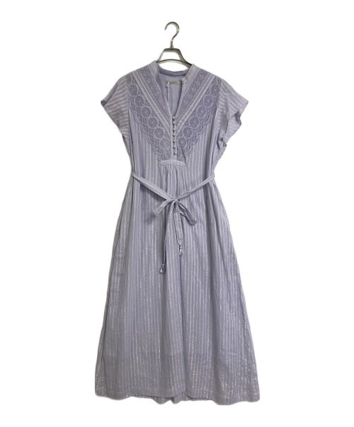 ne quittez pas（ヌキテパ）ne quittez pas Cotton Lurex Stripe Frill Sleeve Dress   ne quittez  pas ヌキテパ　ワンピース　ラベンダー　ストライプ　010532GF3 ラベンダー サイズ:FREEの古着・服飾アイテム