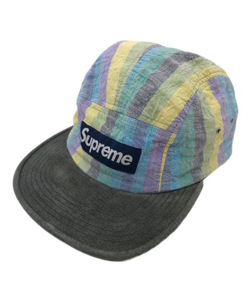 SUPREME（シュプリーム）SUPREME (シュプリーム) Striped Linen Suede   Camp Cap ストライプリネンスウェードキャンプキャップ　14SS ブルー×イエロー サイズ:実寸参照の古着・服飾アイテム