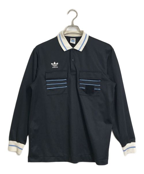 adidas（アディダス）adidas (アディダス) 90’Sトレフォイルロゴレフェリーポロシャツ　デサント期 ブラック×ブルー サイズ:Oの古着・服飾アイテム